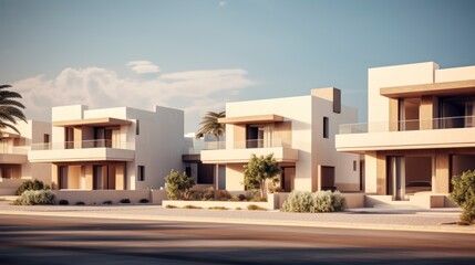 Modern luxury house in the desert on a sunny day with blue sky.
