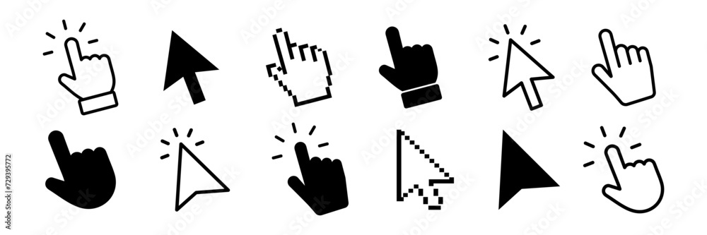 Leinwandbilder Click Cursor. Computer mouse click cursor. Pointer click. Hand pointer symbol. Clicking finger. Pixel cursor or computer mouse pointer. Vector illustration