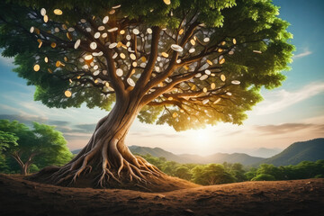 tree growing accumulating wealth coin money investment overtime and building retirement  capital assets portfolio,success in business and startups income trading dividend stock cryptocurrency  market