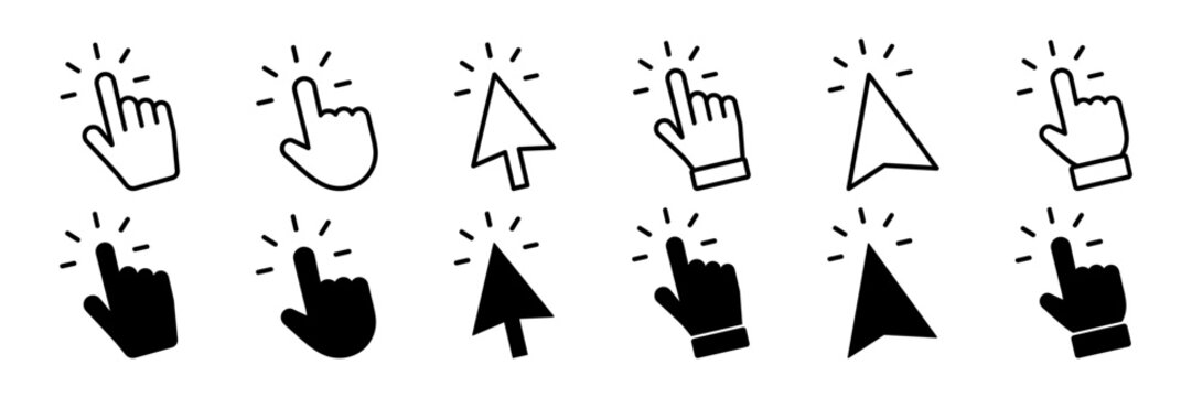 Click Cursor. Computer mouse click cursor. Pointer click. Hand pointer symbol. Clicking finger. Pixel cursor or computer mouse pointer. Vector illustration