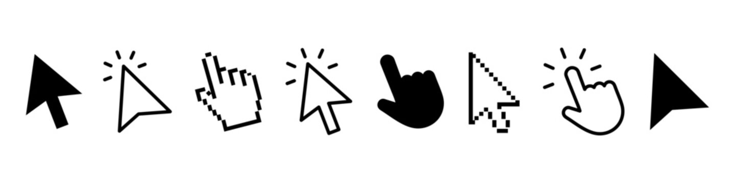 Click Cursor. Computer mouse click cursor. Pointer click. Hand pointer symbol. Clicking finger. Pixel cursor or computer mouse pointer. Vector illustration
