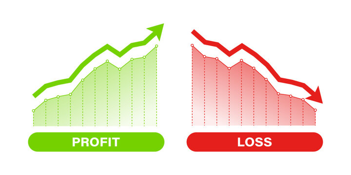 Financial profit and loss graph charts. Green arrow up and red down arrow. Profit and loss trading of trader. Financial crisis, profit decrease. Graph finance concept with up down arrow symbol