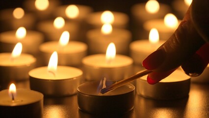 A multitude of burning candles. A match is touched to one candle and a warm flame is lit in its...
