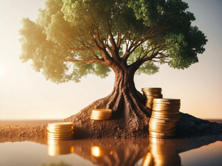 tree growing accumulating wealth coin money investment overtime and building retirement  capital assets portfolio,success in business and startups income trading dividend stock cryptocurrency  market
