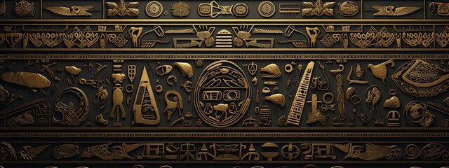 A stunning black and gold background with intricate patterns and textures, reminiscent of ancient Egyptian hieroglyphics