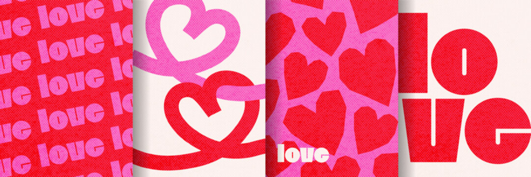 Happy Valentines Day cards set in trendy bold style. Duotone abstract art design with hearts and modern typography. Templates for 14 February - minimalistic patterns, cut paper heart elements. Vector
