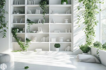 3d illustration of White shelves in the interior with various orb