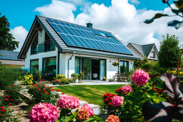 panneaux solaires installés sur le toit d'un maison avec jardin