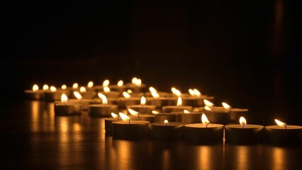 Rows of burning candles. The candles burn against a black backgrounds. The concept of a memorial...