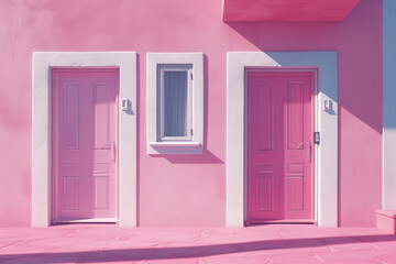 A pink house with no light between the doors.