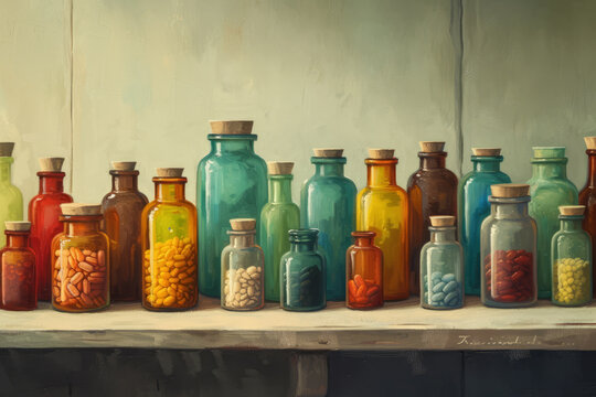 Pills in a glass jar. Bottles of vitamins. Watercolor image of jars with tablets.
