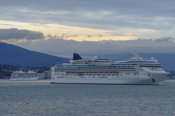 Family cruiseship cruise ship liner Gem arrives to Vancouver, Canada from Alaska cruise