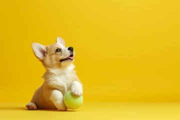 Obraz premium Сorgi puppy plays ball. Corgi and toy. Vibrant yellow background. Space for text.