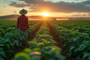 A farmer watcing a sunset. Tractor spraying pesticides in soybean field. Spring affairs in the agricultural sector. - obrazy, fototapety, plakaty