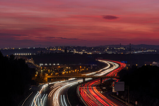 Elevated view of the AP-7 motorway at dusk as it passes through Mollet del Valles in the province of Barcelona in Catalonia Spain