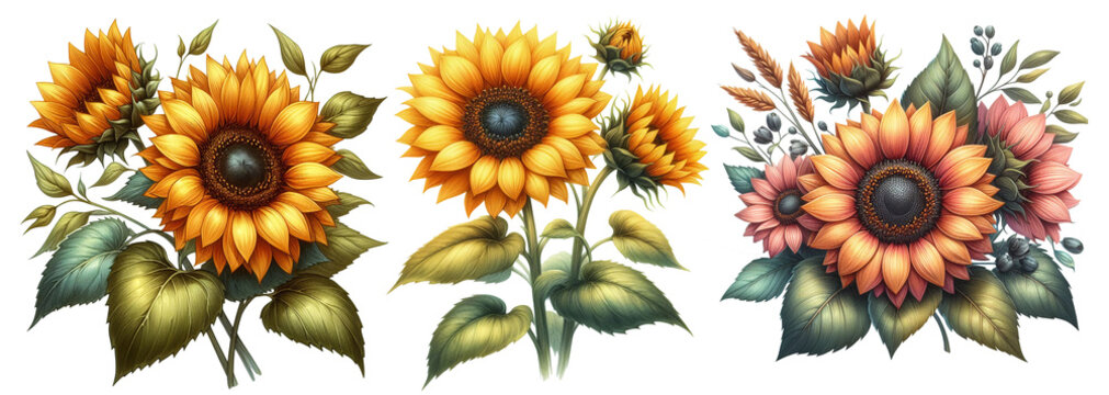 Set of beautiful sunflowers and leaves isolated on white background.