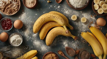 Bananas sprinkled with sugar surrounded by baking essentials on a rustic table