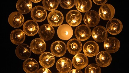 Many burning candles with melted wax. Soft warm light from the fire create a cozy atmosphere of...