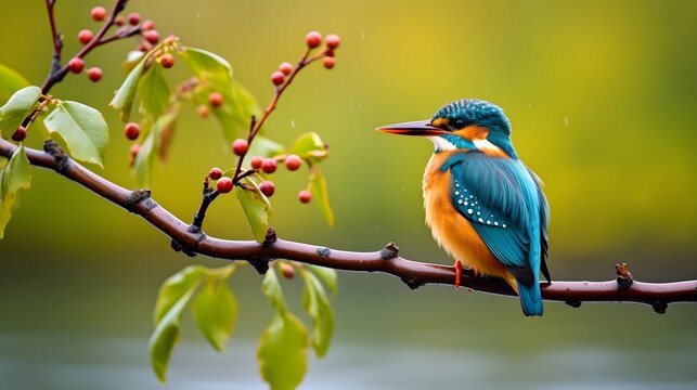 Common kingfisher sits on willow branch with fresh green, Hesse, Germany