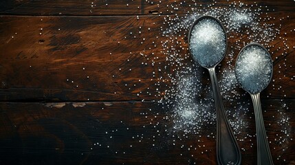 Sugar-filled measuring spoons on dark wood surface evoke sweetness and baking