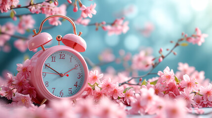 Old pink retro alarm clock and beautiful pink cherry flowers against a blurred blue background, the awakening of spring concept - obrazy, fototapety, plakaty