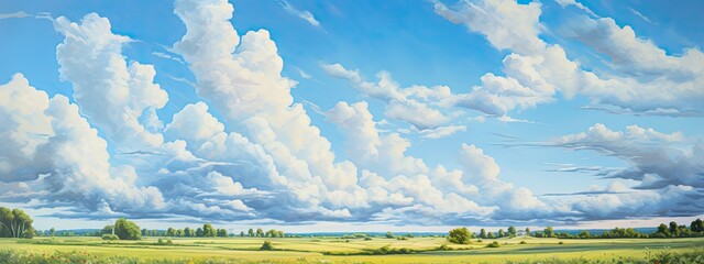 A vibrant blue sky, with puffy cumulus clouds casting shadows on a sun-drenched field, a perfect day for outdoor adventures