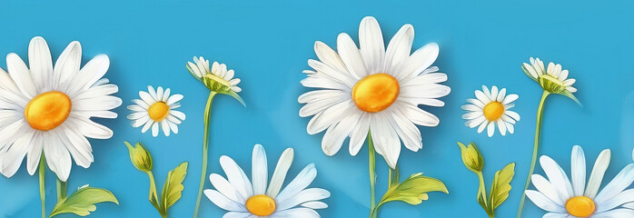 Garden daisy flowers on blue background. Top view with copy space