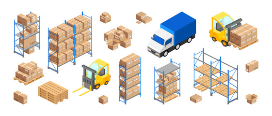 Isometric warehouse and delivery elements set. Vector 3d storage infographics, cargo logistics transport concept. Forklift, pallets, carton boxes, parcel, shelves, truck isolated for web site, app, ad - obrazy, fototapety, plakaty