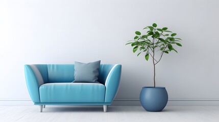 Cute blue loveseat sofa or snuggle chair and pot with branch. Interior design of modern living room with white wall with copy space. 