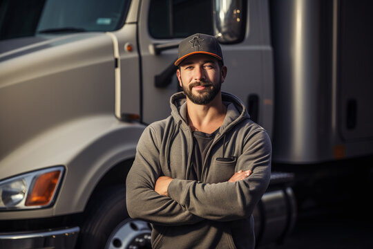 Young male truck driver standing in front of his truck