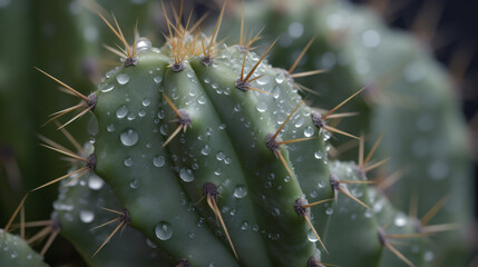 close-up images of water droplets clinging to the spines of a cactus after a desert rain