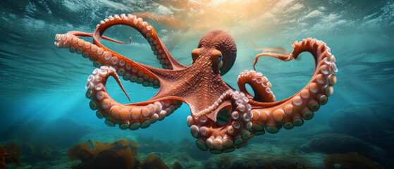 Majestic octopus in its underwater realm, tentacles spread in a dynamic display of marine grandeur and mystery