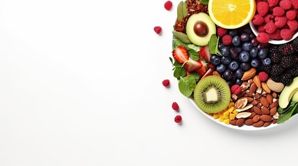 Healthy fresh fruit salad bowl on white background. Top view. Healthy food concept, healthy high...