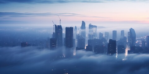 Unique perspective of a city skyline enveloped in dense fog, creating a mysterious atmosphere , concept of Surreal ambiance