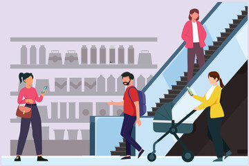Happy people shopping at mall. Shopping concept. Colored flat vector illustration isolated.	
