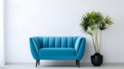 Cute blue loveseat sofa or snuggle chair and pot with branch. Interior design of modern living room with white wall with copy space. 