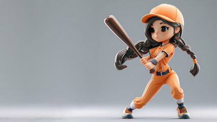Obraz premium A woman cartoon baseball player in orange jersey with equipment