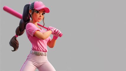 A woman cartoon baseball player in pink jersey with equipment