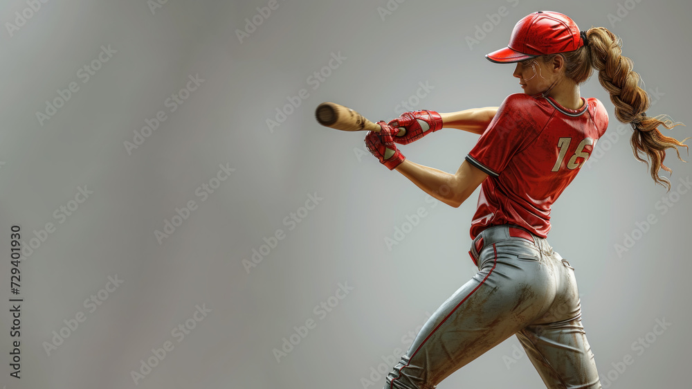 Wall mural A woman cartoon baseball player in red jersey with equipment - Wall murals