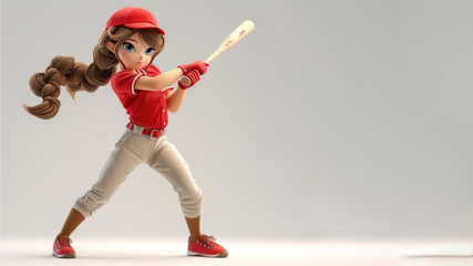 A woman cartoon baseball player in red jersey with equipment