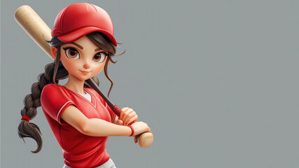 A woman cartoon baseball player in red jersey with equipment