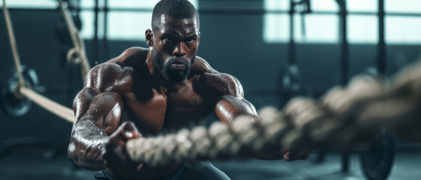Intensity personified in the focused effort of a muscular athlete training with heavy ropes, embodying strength and determination