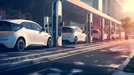 electric cars parked in a row with charging stations, street background