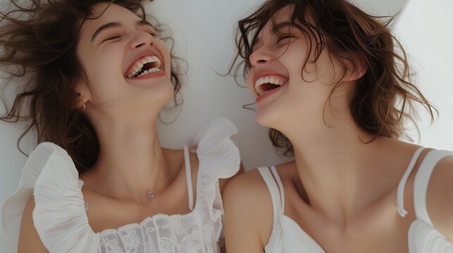 Minimalist photo of a group of empowered women friends laughing on a white background