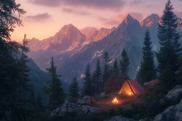 a small camping site nestled among tall mountains, with a clear view of the setting sun casting a pink and orange glow. A tent is set up with the campfire glowing, Generative AI - obrazy, fototapety, plakaty