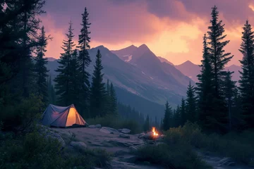 Foto op Plexiglas a small camping site nestled among tall mountains, with a clear view of the setting sun casting a pink and orange glow. A tent is set up with the campfire glowing, Generative AI © supakit hongsakul