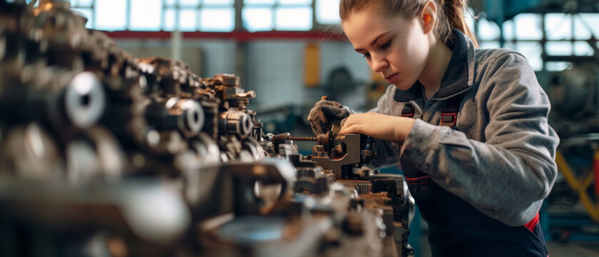A dedicated female mechanic fine-tunes machinery with precision, showcasing skill and focus in a technical setting