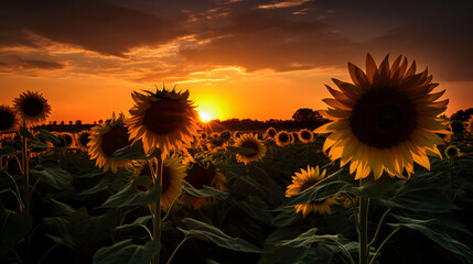 silhouette of sunflower plants against the vibrant hues of a sunset sky