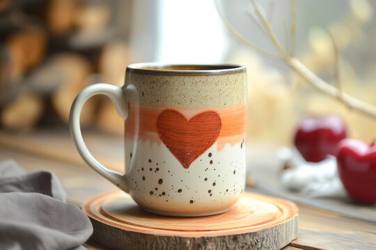 Handcrafted ceramic mug with painted heart on a wooden table for Valentine's Day