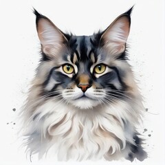 Watercolor black and white maine coon cat